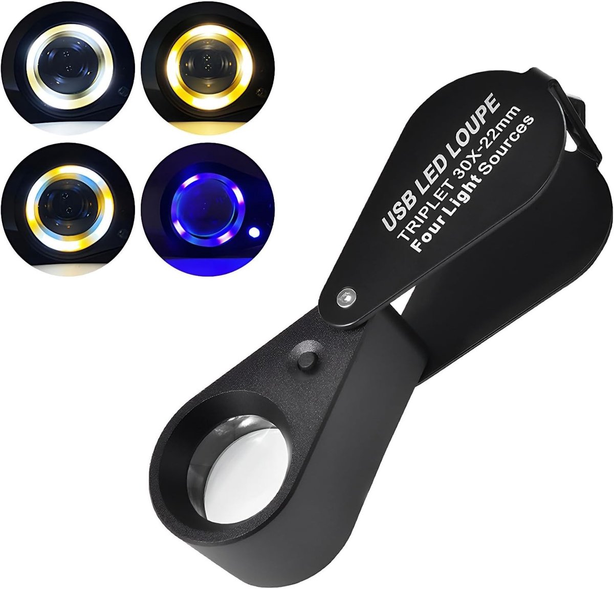 Juweliersloep met 30X Vergroting en 4 Lichtmodi - Oplaadbaar Vergrootglas voor Postzegels, Munten en Edelstenen - Draagbaar en Vouwbaar met Aluminium Lichaam