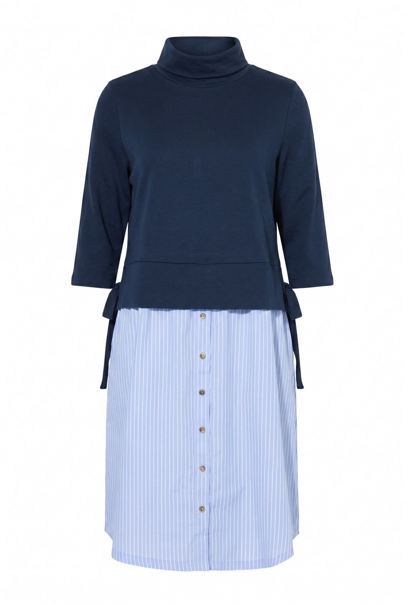 Ulla Popken - Dames - Jurk materiaalmix col 3/4-mouwen biologisch katoen - Marine - Maat 50+