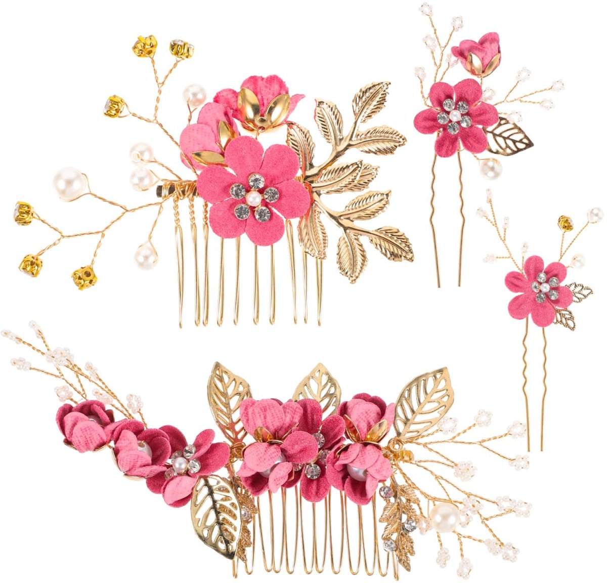 Elzusha - 4 Stuks Gouden Bruiloft Haaraccessoires met Parels en Bloemen