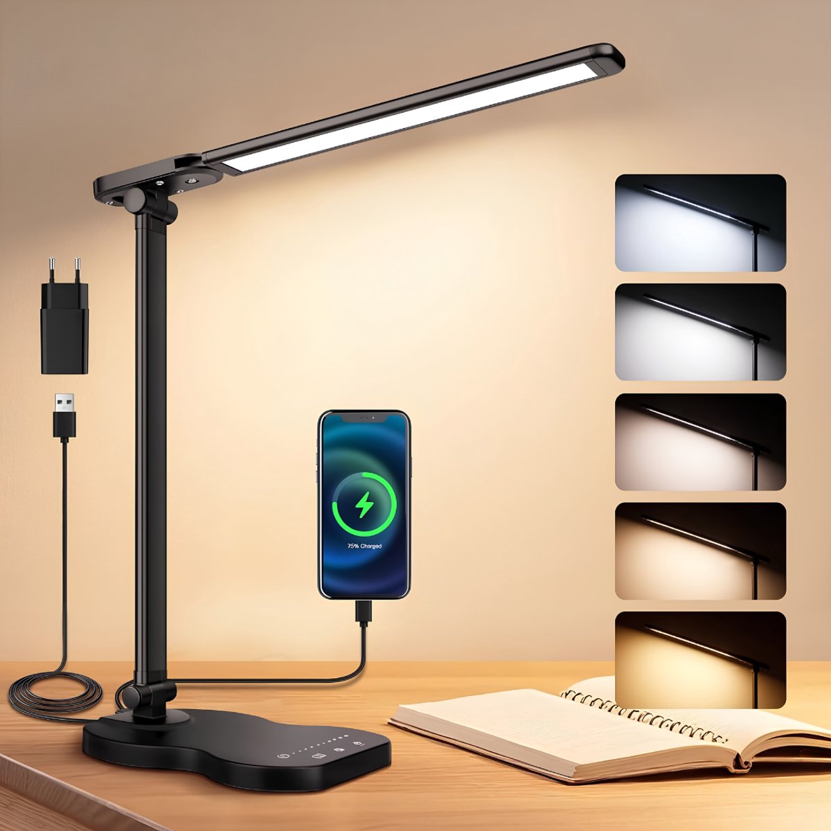 LNM® Bureaulamp - Bureaulamp LED - Bedlamp - Zwart - 30cm x 10cm x 38cm
