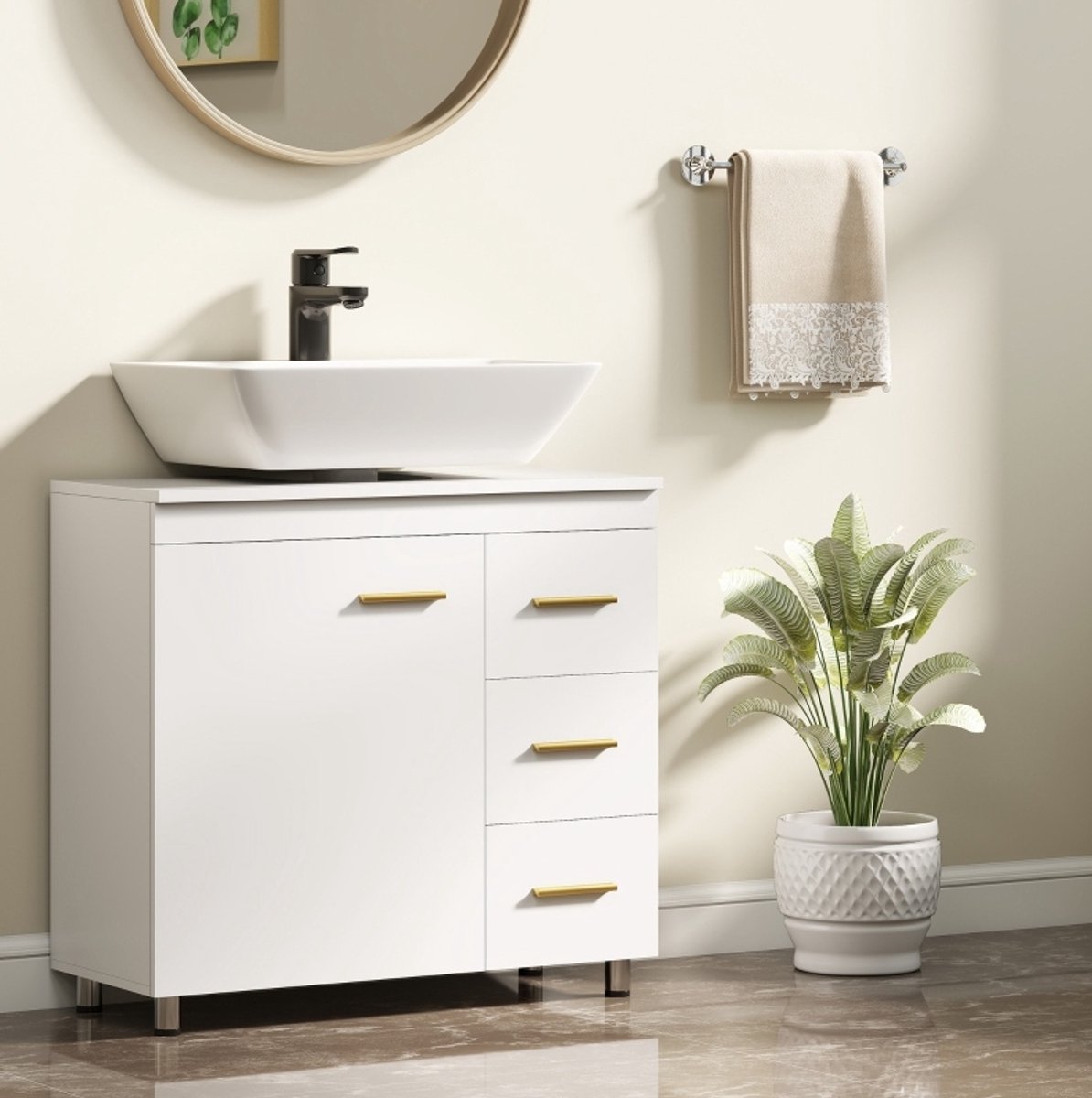 STILVORA Wastafelonderkast - Badkamerkast Met 3 Lades En Deur - Soft-Close En U-Vormige Uitsparing - Hout - 70x30x65 Cm - Wit