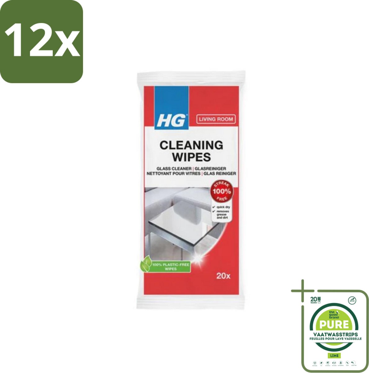 HG - Woonkamer - Glasreinigingsdoekjes - Reinigt Streeploos - 20 Doekjes - Voordeelverpakking - 12 stuks - Glasreiniging - Streeploos schoon