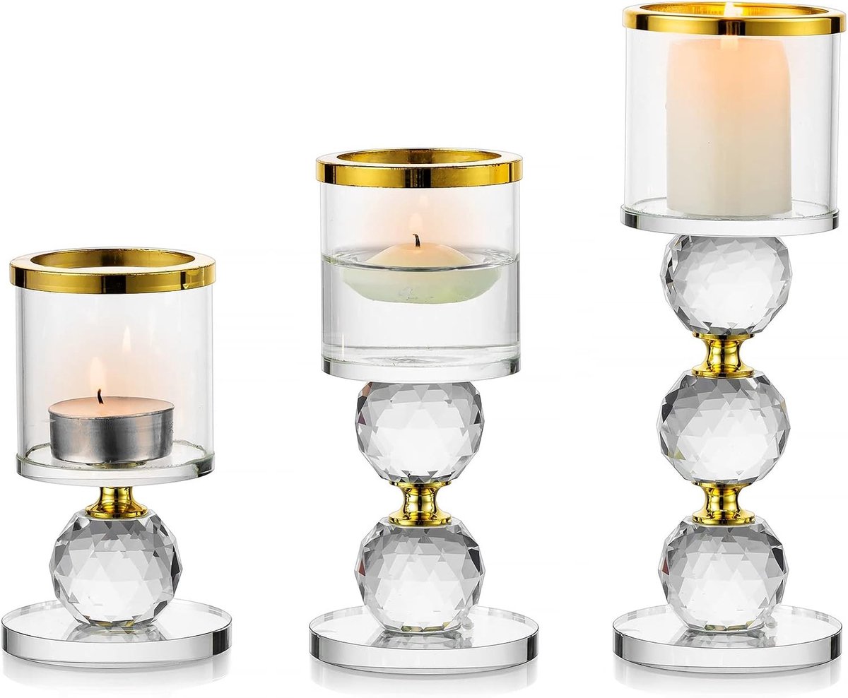Set van 3 Kristallen Kandelaren van Helder Glas voor Theelichten - Perfecte Tafeldecoratie voor Bruiloften en Feestelijke Gelegenheden, Ideaal als Cadeau en voor Haarddecoratie
