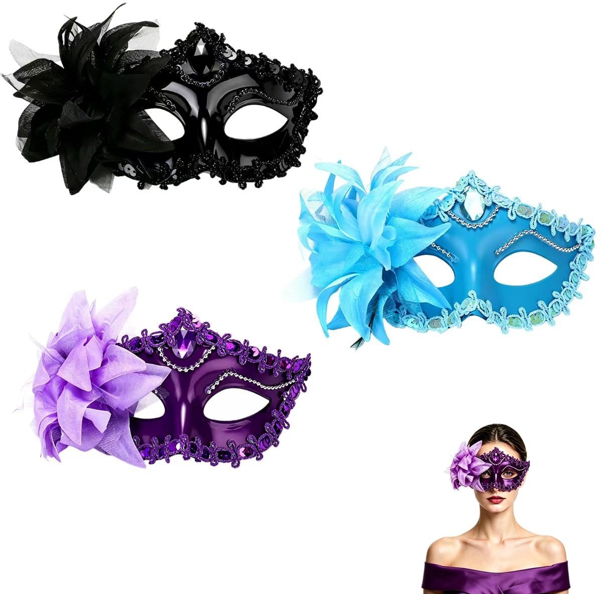 Elzusha - Set van 3 Venetiaanse Maskers Zwart Blauw Paars met Kant en Bloemen