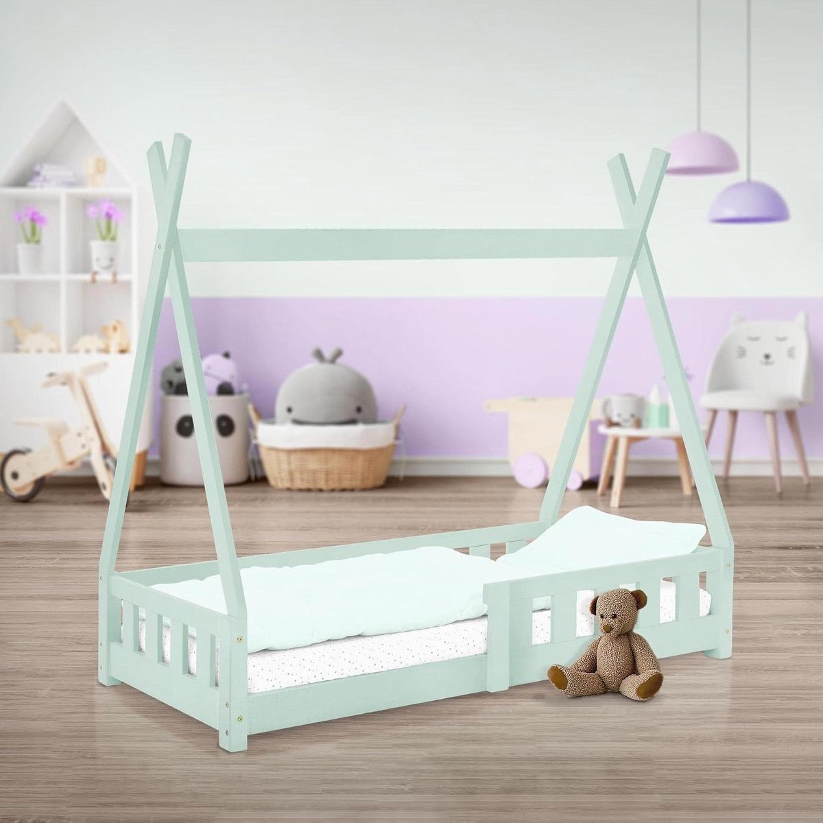 Kinderbed Tipi - Huisbed Speelbed - Avontuurlijk Slapen - Met Uitvalbeveiliging - 70x140 cm - Mintgroen