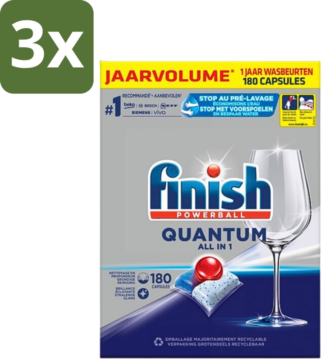 3 x Finish Powerball - Quantum All in 1 - Vaatwastabletten - 180 Tabletten - Vaatwassen - Vaatwastabletten - Vaatwasmiddel - Vaatwasmiddel Tabletten - Vaatwasmiddel Quantum
