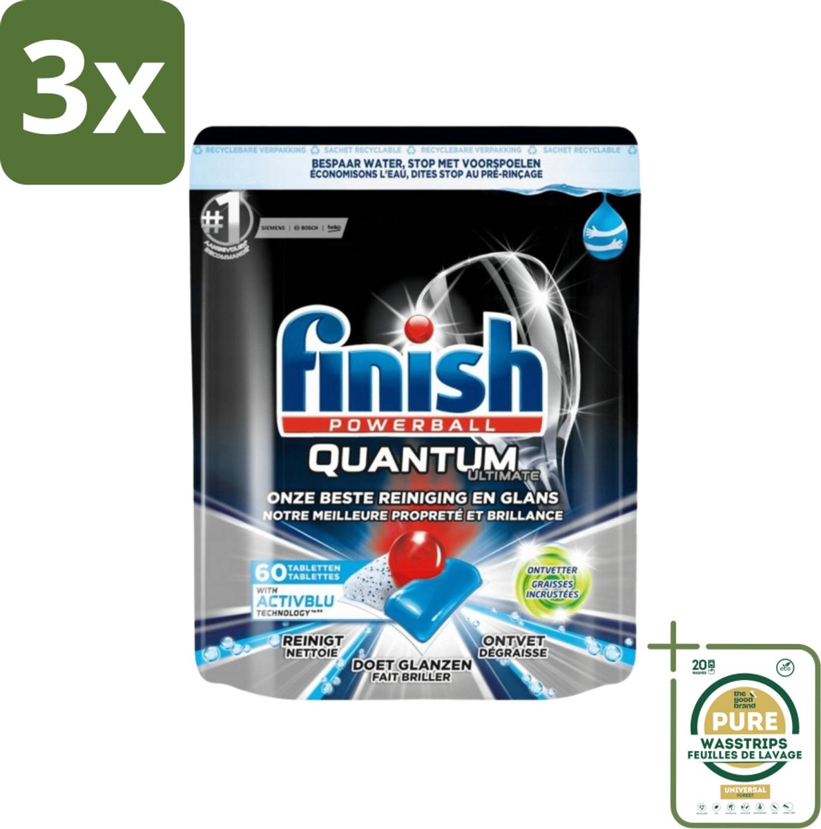 3 x Finish Powerball - Quantum Ultimate - Vaatwastabletten - Ontvetter - 60 Tabletten - Grootverpakking - Vaatwasmiddel - Vaatwastablet - Ontvetter - Vaat Reinigen - Vaatwasser