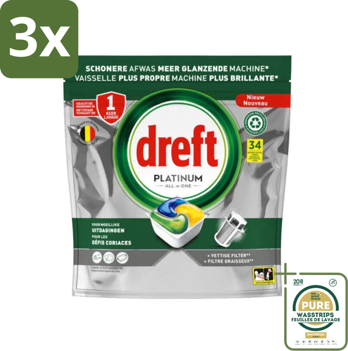 3 x Dreft Platinum - All In One - Vaatwascapsules - Citroen - 34 Afwasbeurten - Grootverpakking - Vaatwasmiddel - Vaatwascapsule - Citroengeur - Vaatwasser Reinigen - Vetfilter Reinigen