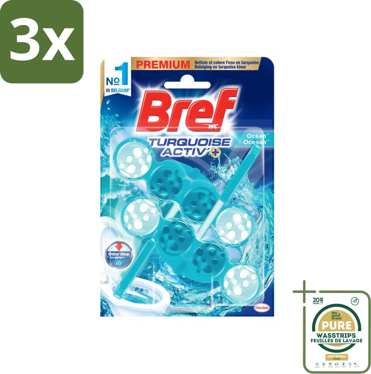 3 x Bref WC - Turquoise Activ+ - Toiletblok - Oceaan - 2 Blokken - Grootverpakking - Toilet - Toiletblok - Oceaanfrisheid - Reiniging - Anti-kalk