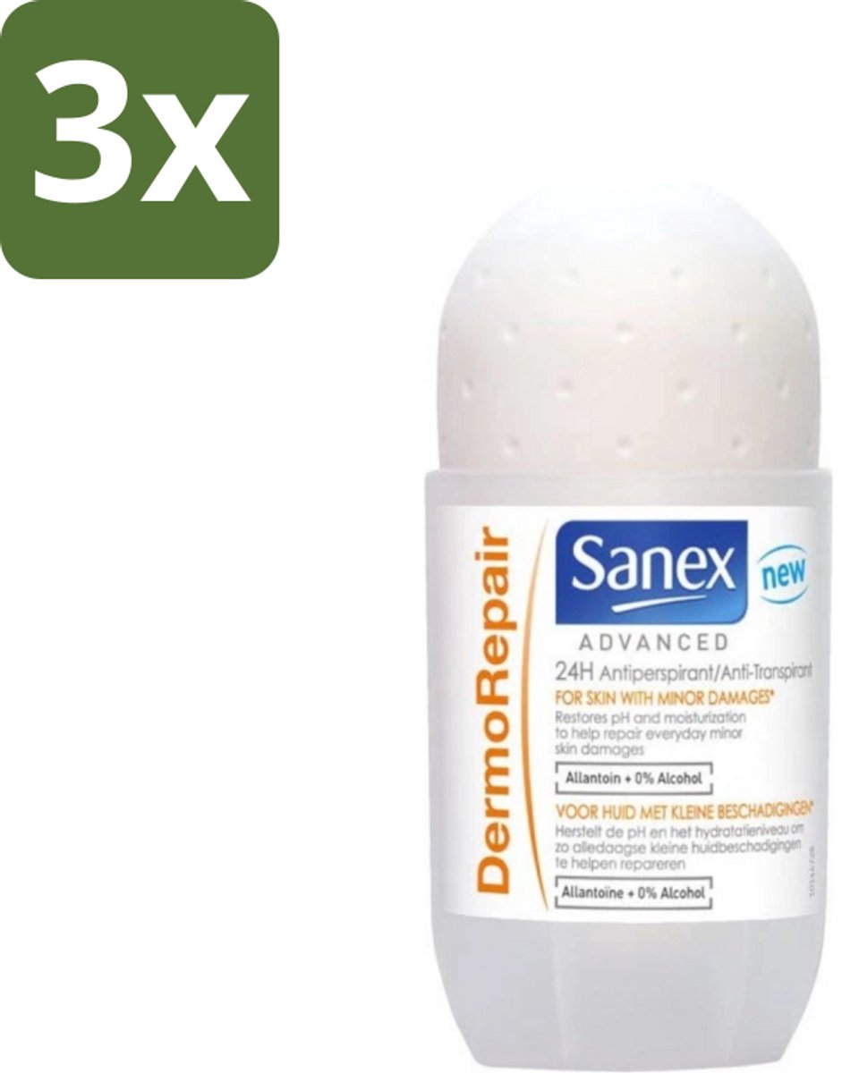 3 x Sanex Advanced - Dermo Repair - Deodorant Roller - 24h Anti-Transpirant - 0% Alcohol - 50 ml - 24h Anti-transpirant - Huidherstel - Huidverzorging - Deodorant Roller - Anti-geur