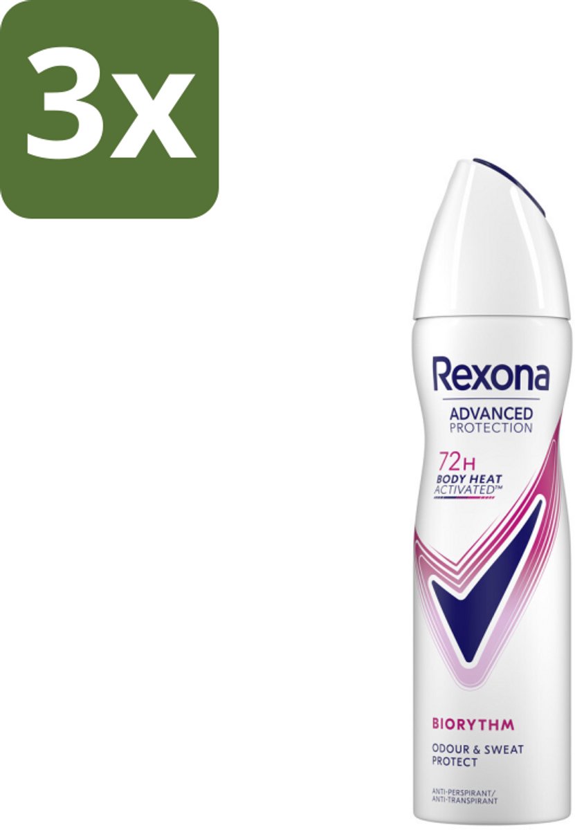 3 x Rexona - Deodorant Spray - Advanced Protection - Biorythm - Anti-Transpirant & Perspirant - 150ml - Anti-transpirant - Zweetbehandeling - Deodorant Spray - 72 Uur Bescherming - Frisheid