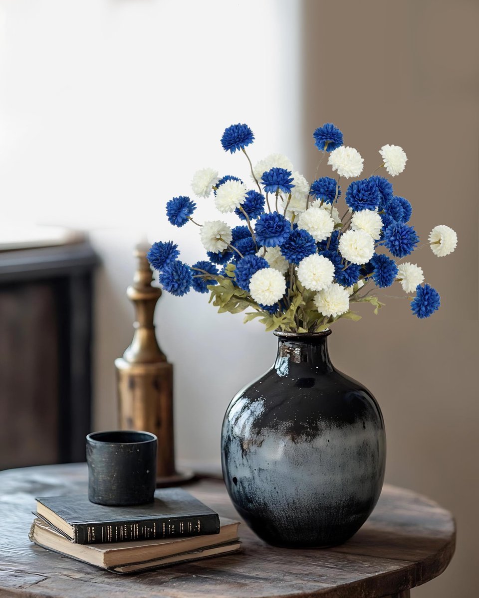 LEUCHTAMOR 6 stuks donkerblauwe kunstmatige chrysantenbloemen faux pompon mum-balstelen, Real Touch zijden - ShopVlot