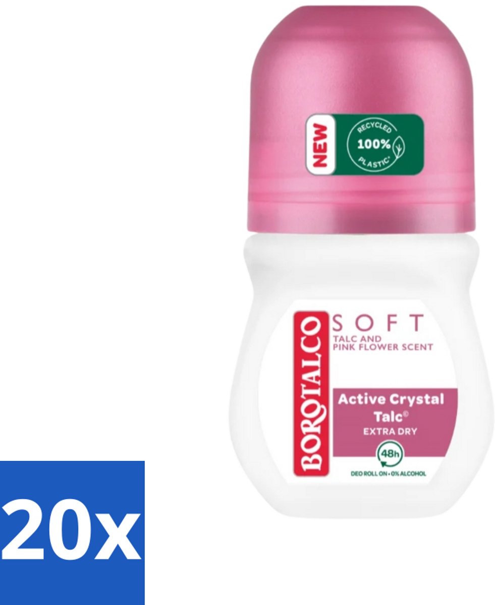 20 x Borotalco - Deodorant Roller - Soft - Talc & Pink Flower - 0% Alcohol - 50 ml - Deodorant Roller - Talc - Droge Huid - Zweetgeur - Bloemige Geur