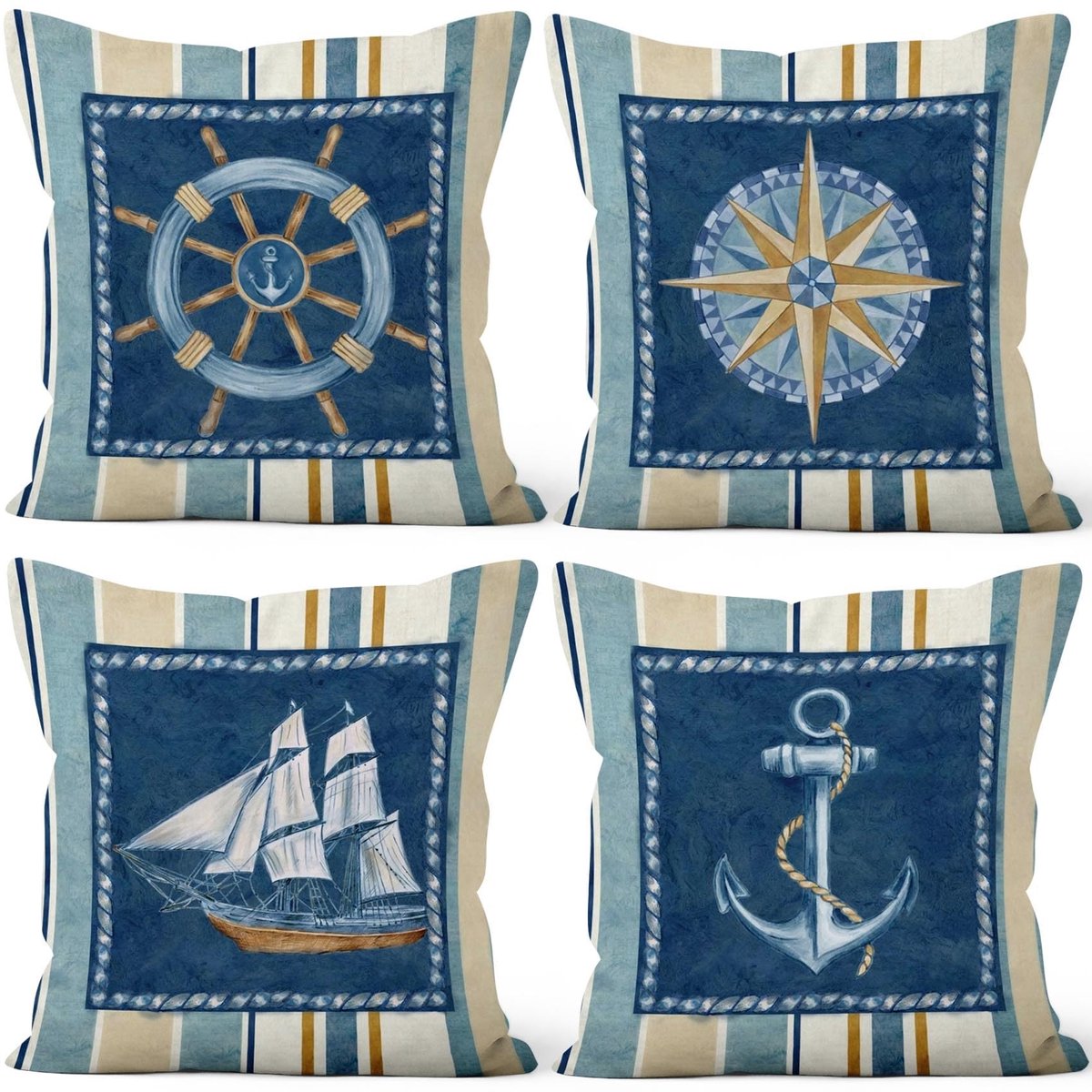 Elzusha - Nautique Kussenslopen 40 x 40 cm - Set van 4 Pluche Kussens voor Marine Decoratie