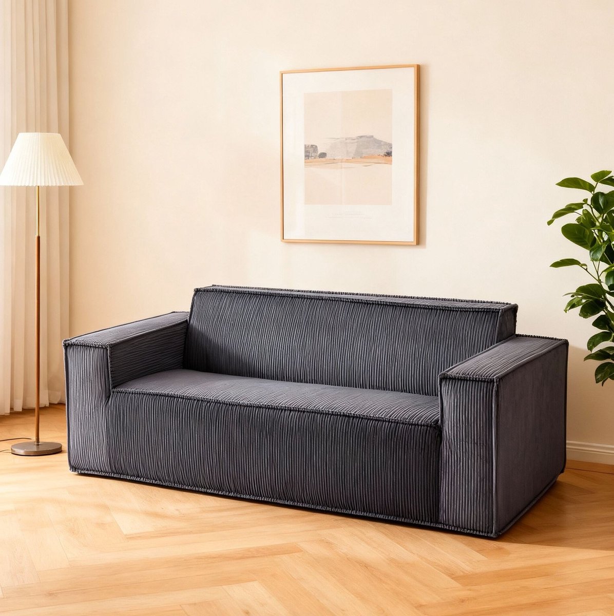 Wishdor Bank - 2-zits corduroy zitbank - Zachte diepe zitting zonder poten zonder montage - Modern minimalistisch - Woonkamer kantoor appartement thuis - Grijs - 178 x 86 x 70 cm