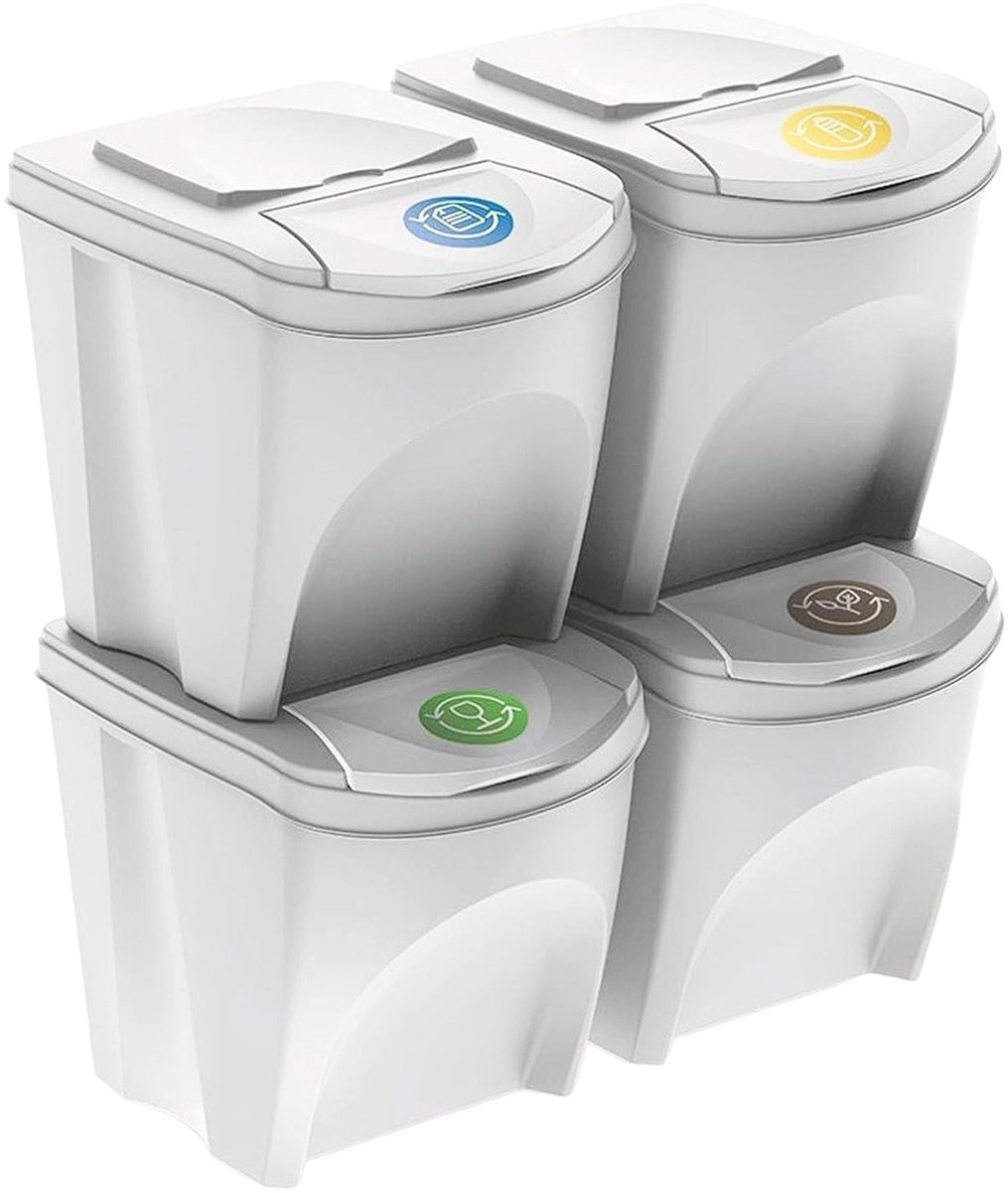 Elzusha - Set van 4 Gerecycleerde Afvalbakken, Off-White, 4 x 25L