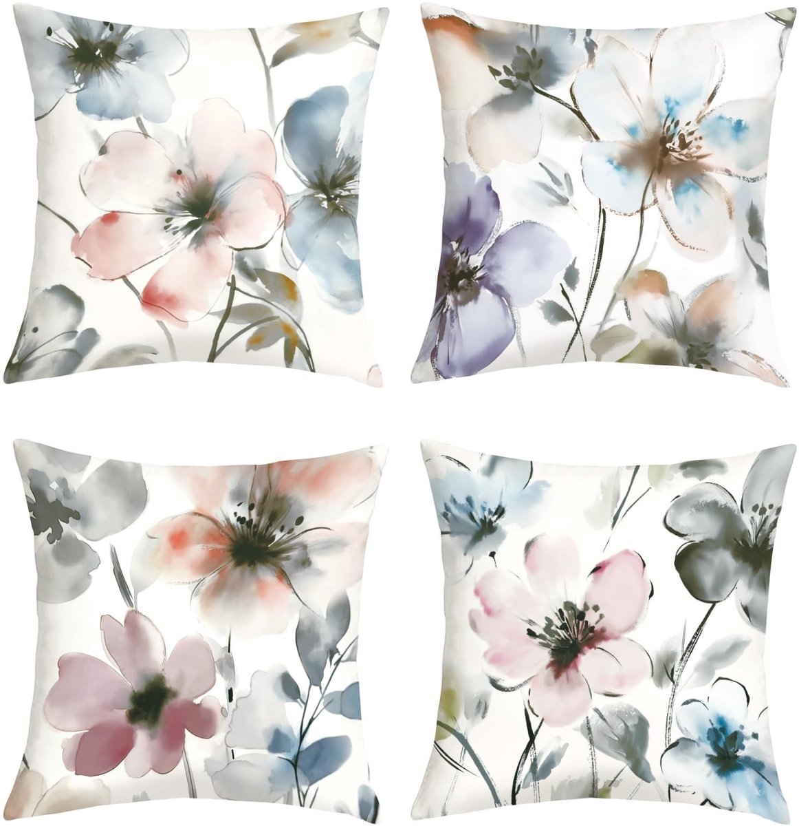 Elzusha - Set van 4 Modern Watercolour Bloemen Kussenhoezen 40x40cm