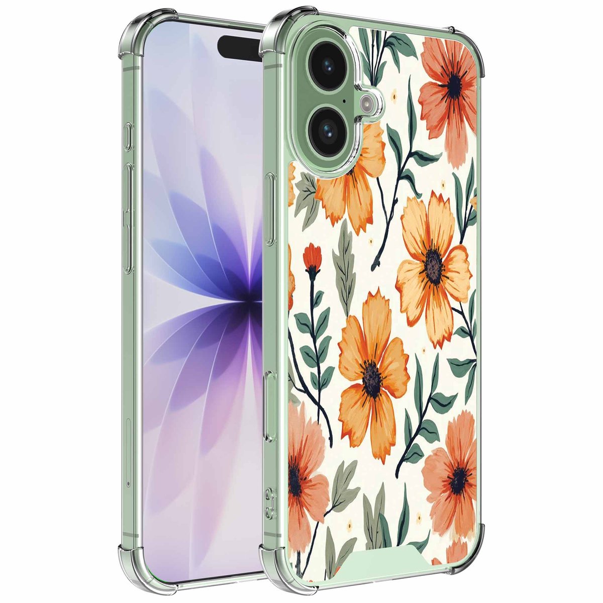 Smartphonica Geschikt voor iPhone 17 Telefoonhoesje met Oranje Bloemen opdruk - Draadloos op te laden - Shockproof Siliconen TPU Strong Case - Sterk Schokbestendig Telefoonhoesje geschikt voor iPhone 17