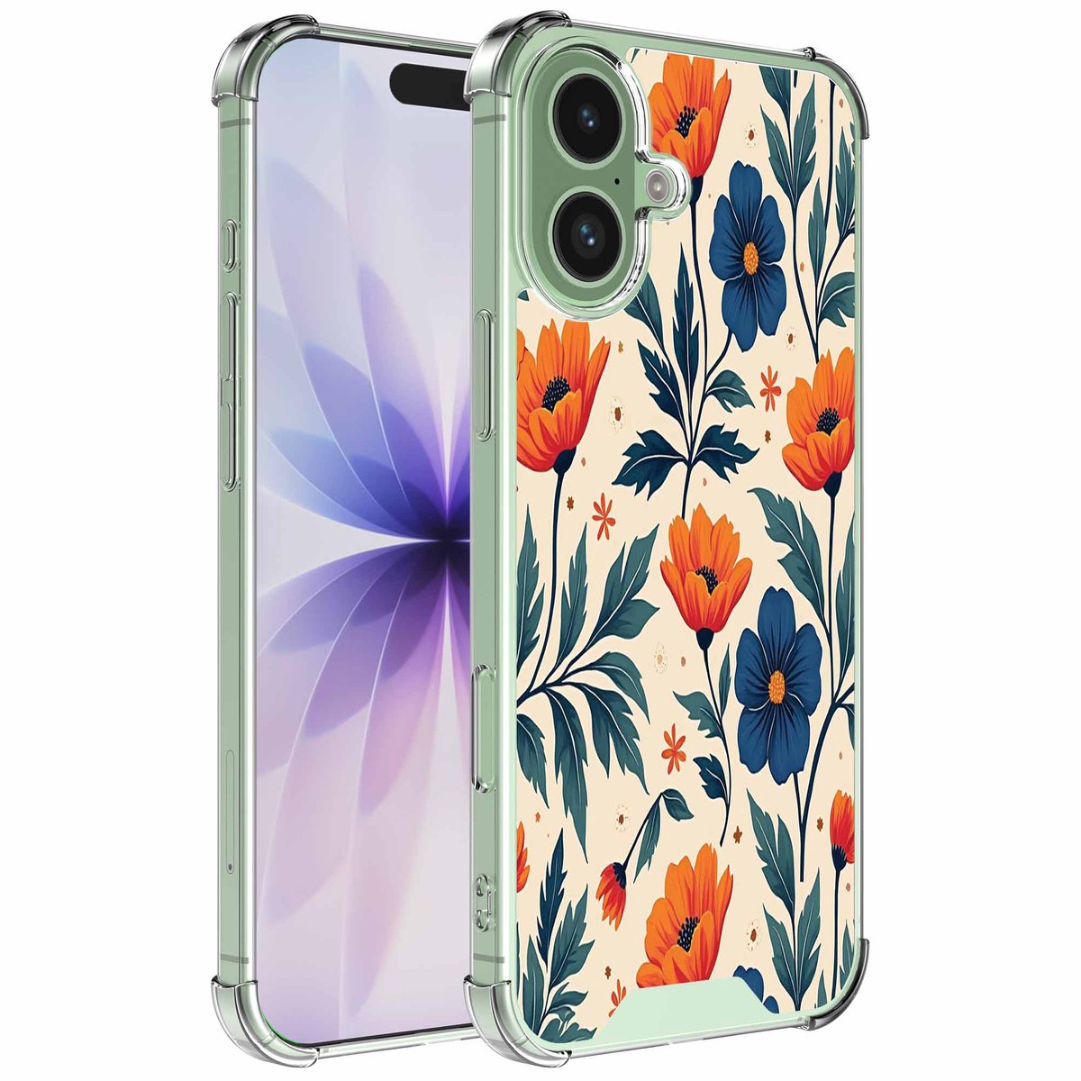 Smartphonica Geschikt voor iPhone 17 Telefoonhoesje met Rode en Blauwe Bloemen opdruk - Draadloos op te laden - Shockproof Siliconen TPU Strong Case - Sterk Schokbestendig Telefoonhoesje geschikt voor iPhone 17