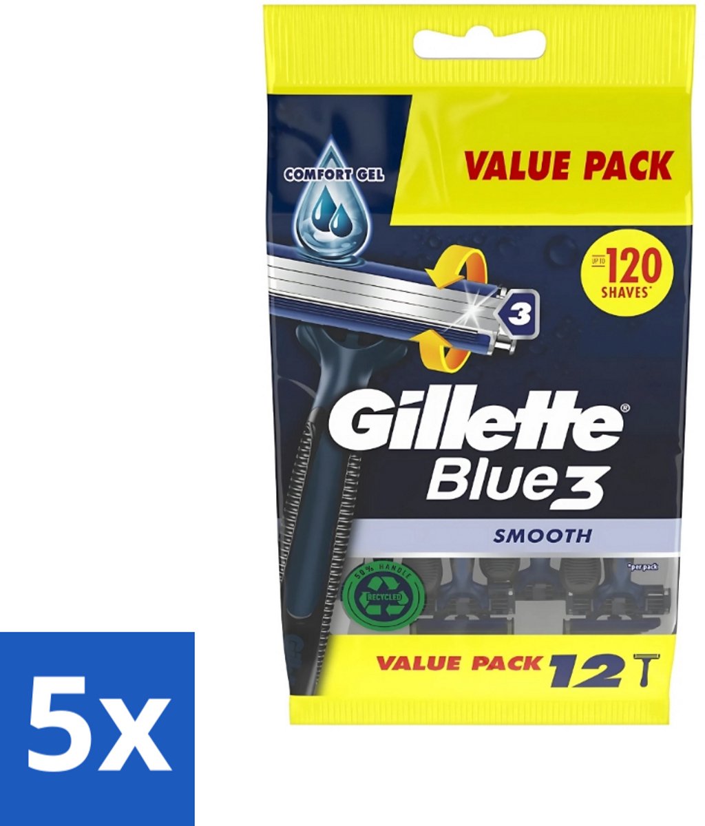 5 x Gillette - Blue 3 Smooth - Wegwerpscheermesjes - Comfortabele scheerbeurt - 6 Scheermesjes - Scheermesjes - Wegwerpscheermesjes - Scheerbeurt - Comfortabele Scheerbeurt - Drie Mesjes