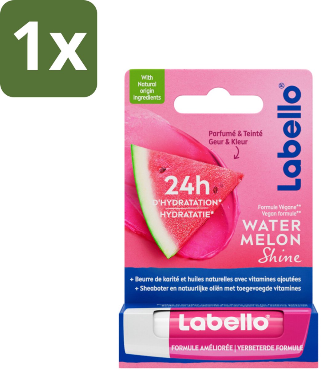 1 x Labello Lippenbalsem Blister Watermelon Shine 4.8 gr - Lippenbalsem - Hydratatie - Glans - Watermeloen - Sheaboter
