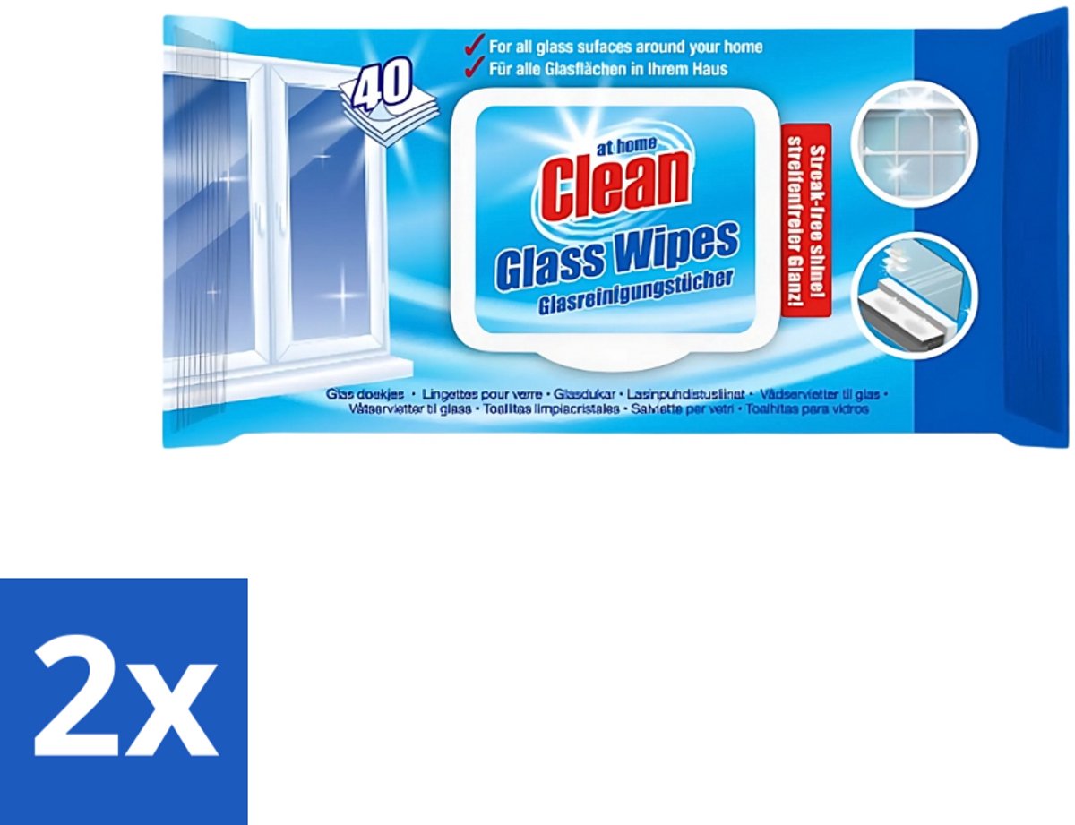 2 x At Home - Clean - Glas Reinigingsdoekjes - Reinigt Streepvrij - 40 Doekjes - Reinigingsdoekjes Glas - Streepvrije Doekjes - Glas Reinigen - Ruiten Reinigen - Spiegels Reinigen