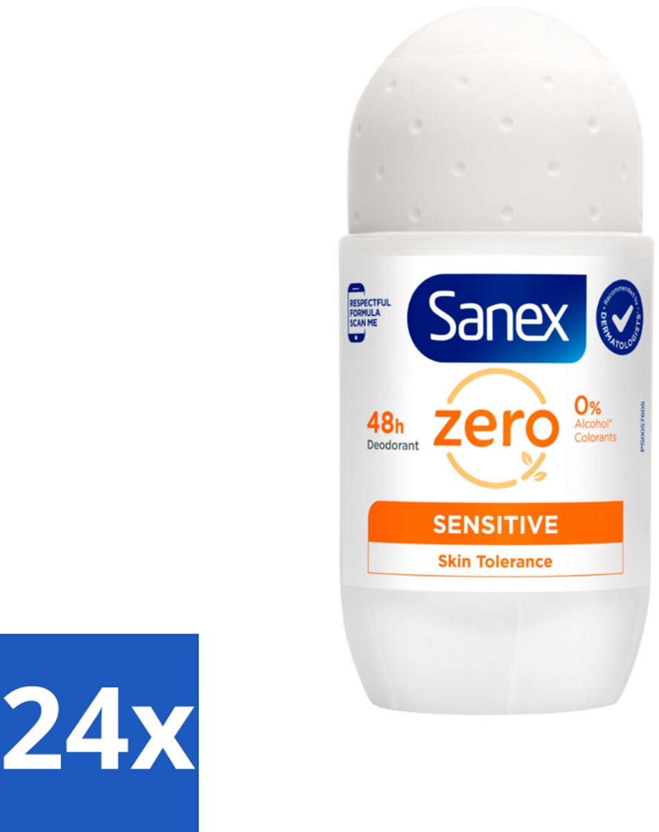 24 x Sanex Deodorant Roller Zero% Sensitive Skin 50 ml - Sanex Deodorant Zero% Sensitive - Alcoholvrije Deodorant - Parabenenvrije Deodorant - Gevoelige Huid - Milde Deodorant