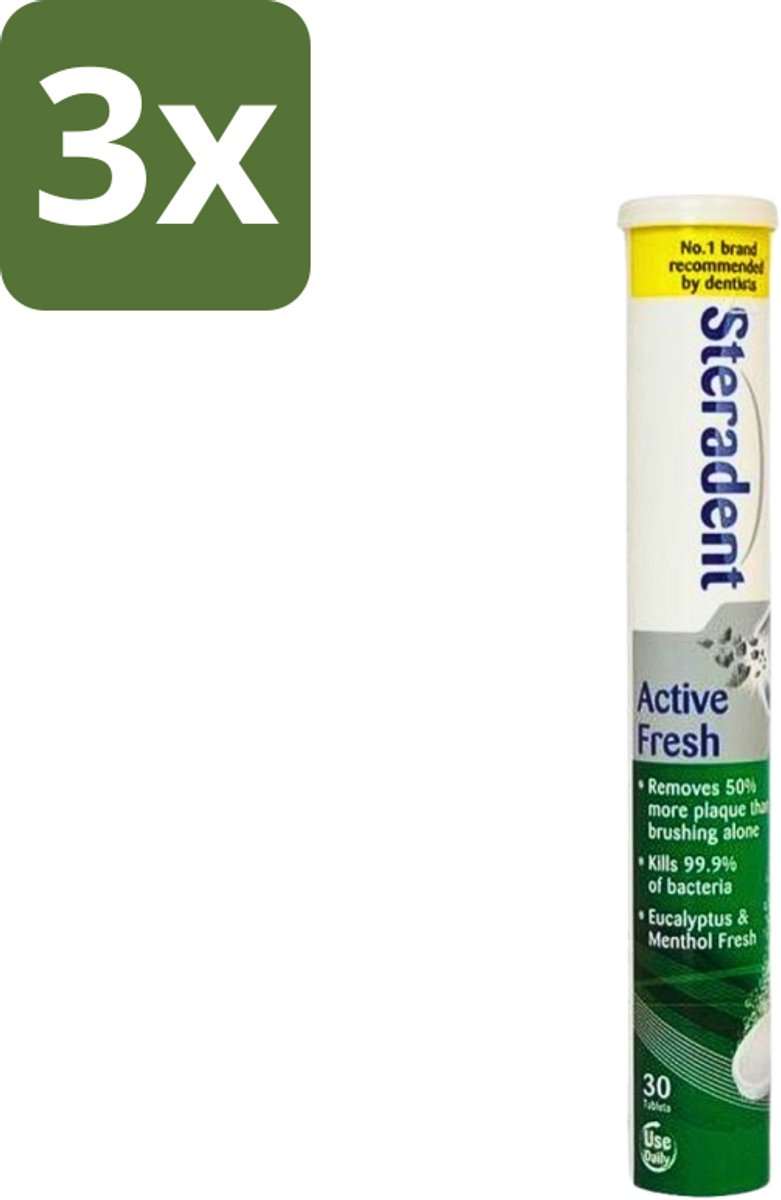 3 x Steradent - Reinigingstabletten - Active Fresh - Voor Kunstgebitten - 30 Tabletten - Kunstgebit Reinigen - Kunstgebit Reinigingstabletten - Kunstgebit Hygiëne - Kunstgebit Reinigen 3 Minuten - Frisse Adem