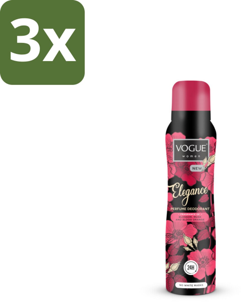 3 x Vogue Elegance Parfum Deodorant 150 ml - Deodorant - Parfum Deodorant - 24 Uur Bescherming - Geur Tegen Zweet - Bloesem Geur