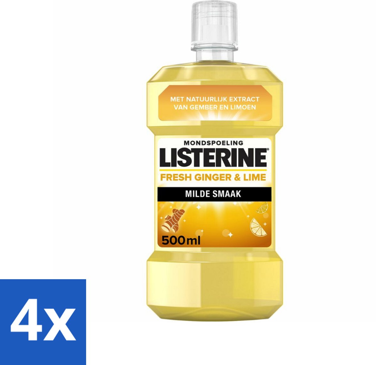 4 x Listerine - Mondwater - Fresh Ginger & Lime - 500 ml - Mondspoeling - Gember En Limoen - Tandplak - Bacteriën - Fluoride