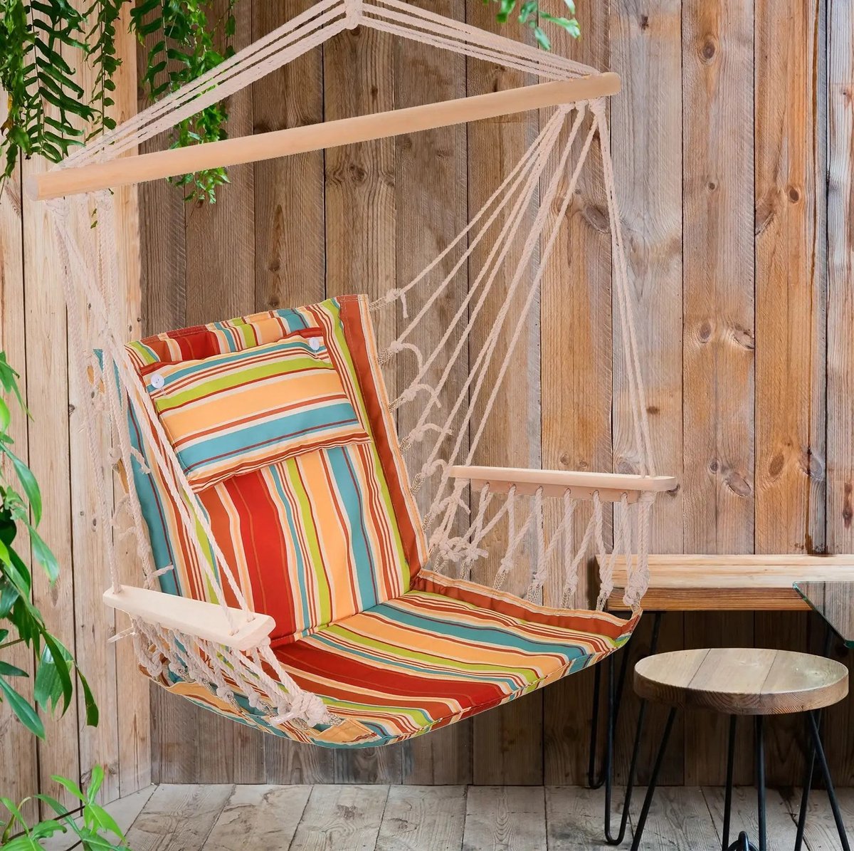 REDOM - Hangstoel - Met kussen en dwarsbalk - Met houten stang en 7 mm touwen - Gestreept - Tuin en balkon - Polyester - 100 x 106 cm
