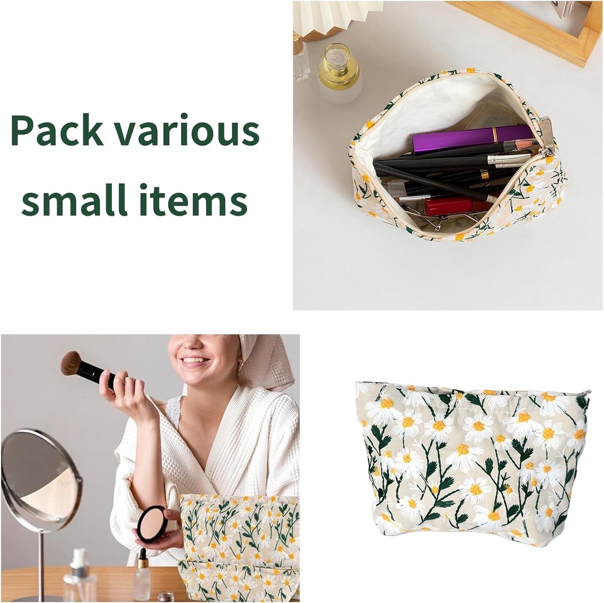 Make-up Tas met Rits en Daisy Borduursel voor Vrouwen en Meisjes, Ideaal voor Reizen en Dagelijks Gebruik, Beige, Organizer voor Toilettas en Cosmetica
