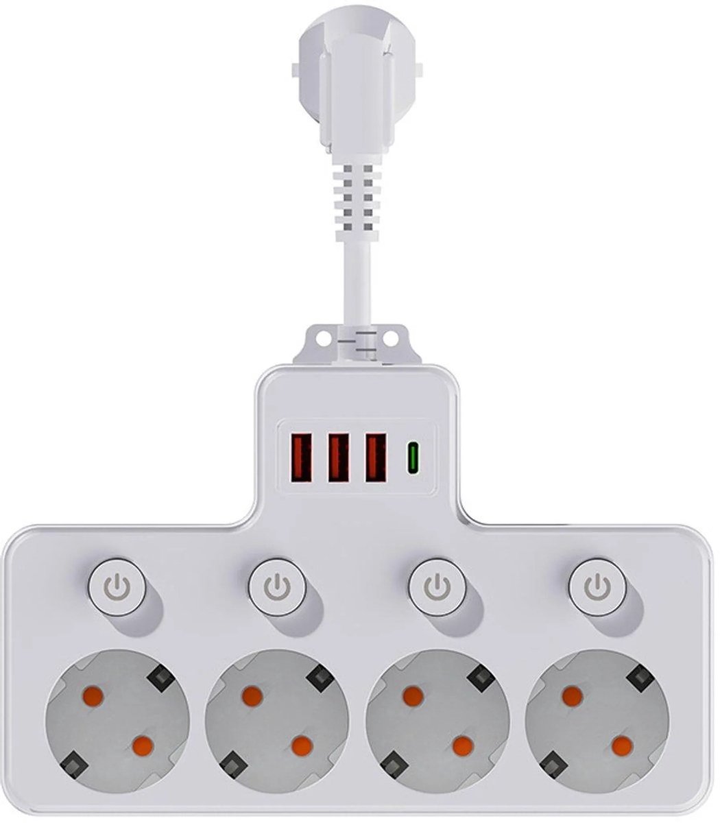 casalora - Stekkerdoos met usb - Verdeelstekker met schakelaar - 8 Stopcontacten - 4 USB Poorten - Overspanningsbeveiliging - Oplader - Adapter - 2500W - Wit