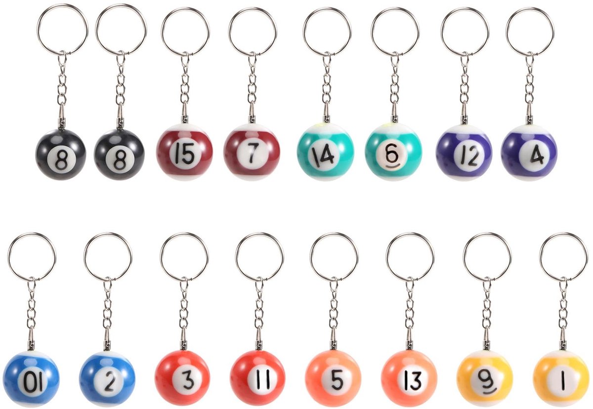 Elzusha - Set van 16 Mini Biljartsleutelhangers in Neon Kleuren