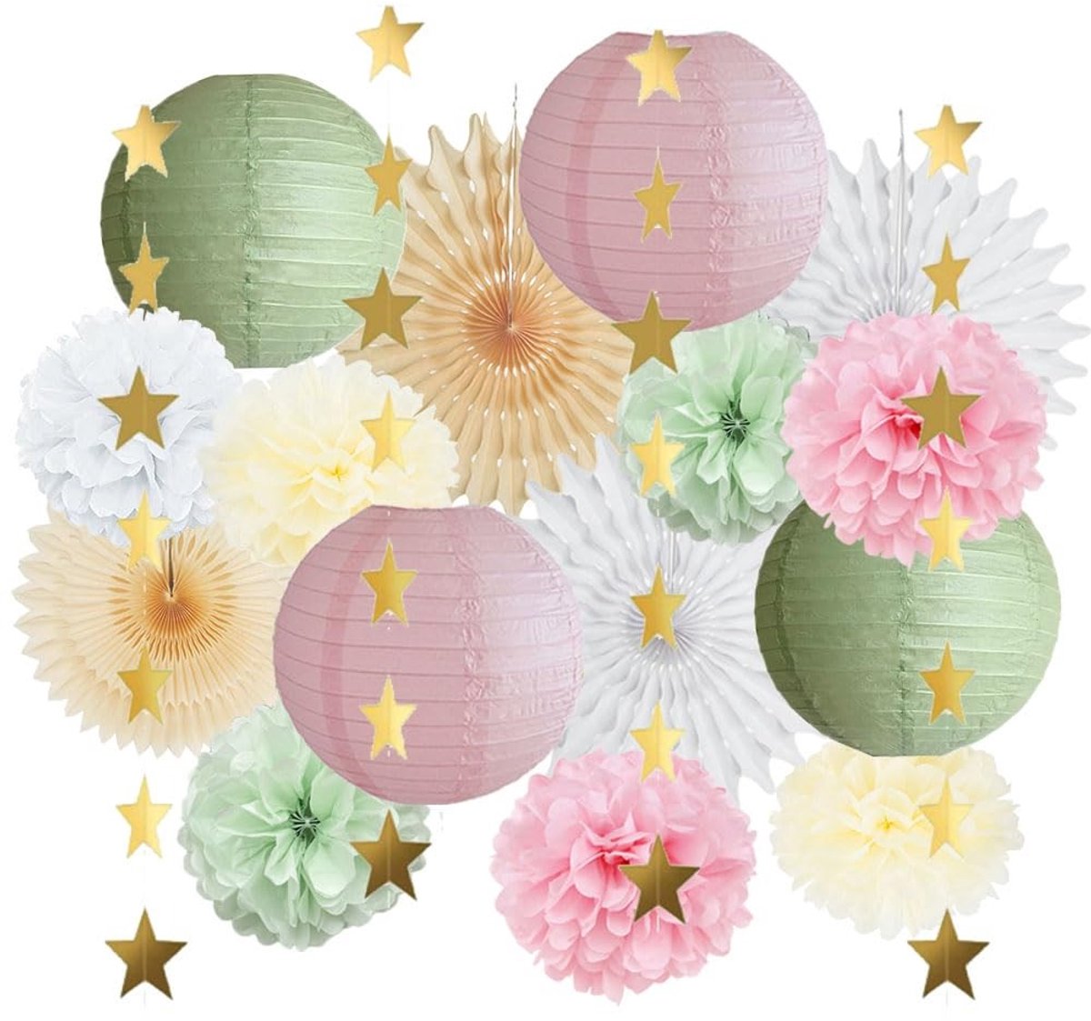Elzusha - Sage Green en Roze Feestdecoraties - Papieren Lantaarns en Pompoms