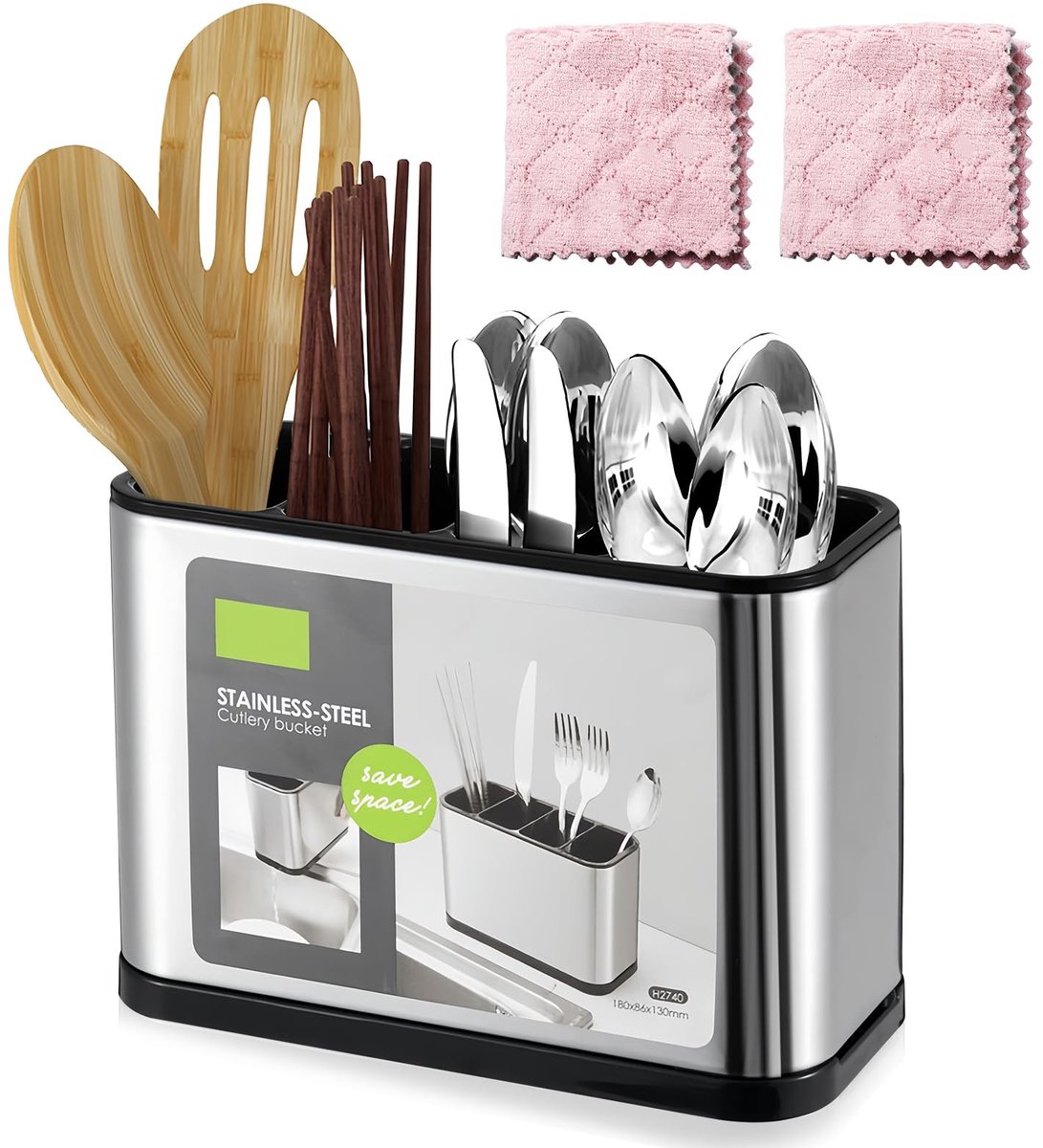 Elzusha - Bestekhouder met 4 Compartimenten van Roestvrij Staal voor de Keuken