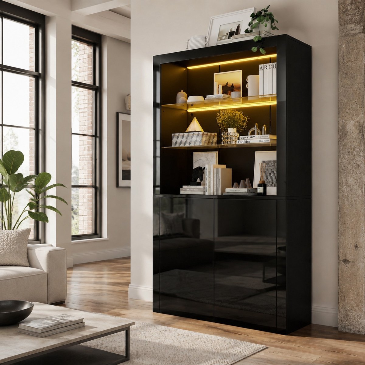 Wishdor Vitrinekast met ledverlichting - Zwart hoogglans - Open display en dubbele deuren - Modern design - Woonkamer - Mdf glas bewerkt hout - 100 x 35 x 170 cm
