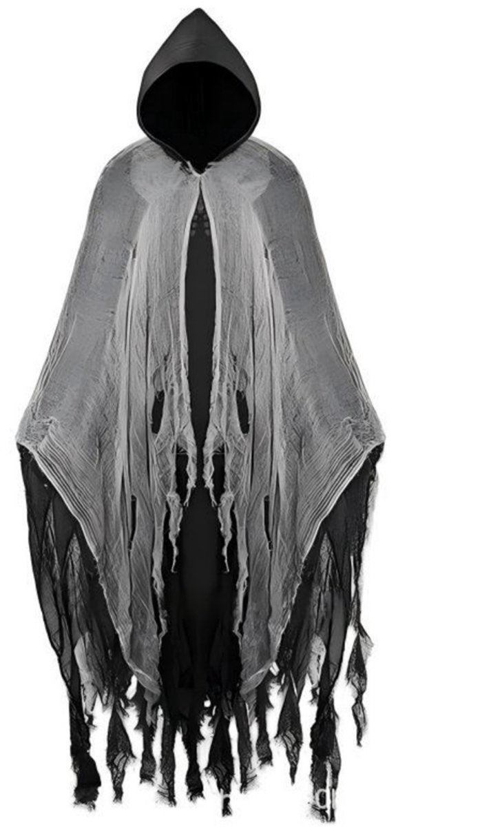 Halloween-cape – Totale lengte inclusief capuchon185 cm – Lengte kledingstuk155 cm – Halloween-mantel – Griezelige mantel – Vampiercape – Spookachtige mantel – Halloween-bovenkleding – Halloween-omslagdoek – Maskerademantel – Kostuumcape