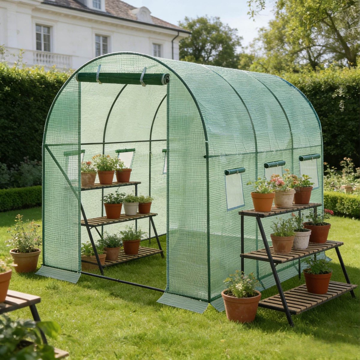 Kas 300 x 200 x 190 cm - Tunnelkas Met Ritsdeur En 6 Ramen - Voor Tuin En Moestuin - Staal - Groen