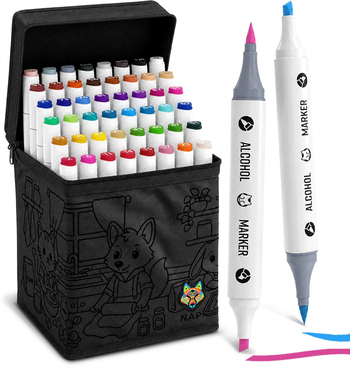 NAPI Twinmarkers - Alcohol Markers 48 Stuks - Dubbelzijdige Tip (Brush en Chisel) - Voor Volwassenen - Incl. Blender, Opbergcase en Kleurkaart