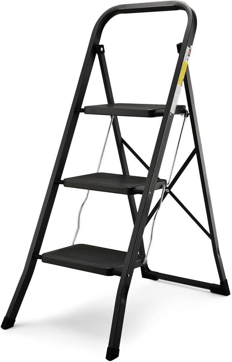 Opvouwbare Trap - Huishoudtrap 3 Treden - Veilig Klussen - Slechts 45 cm Dun - 150 kg Draagvermogen - Zwart