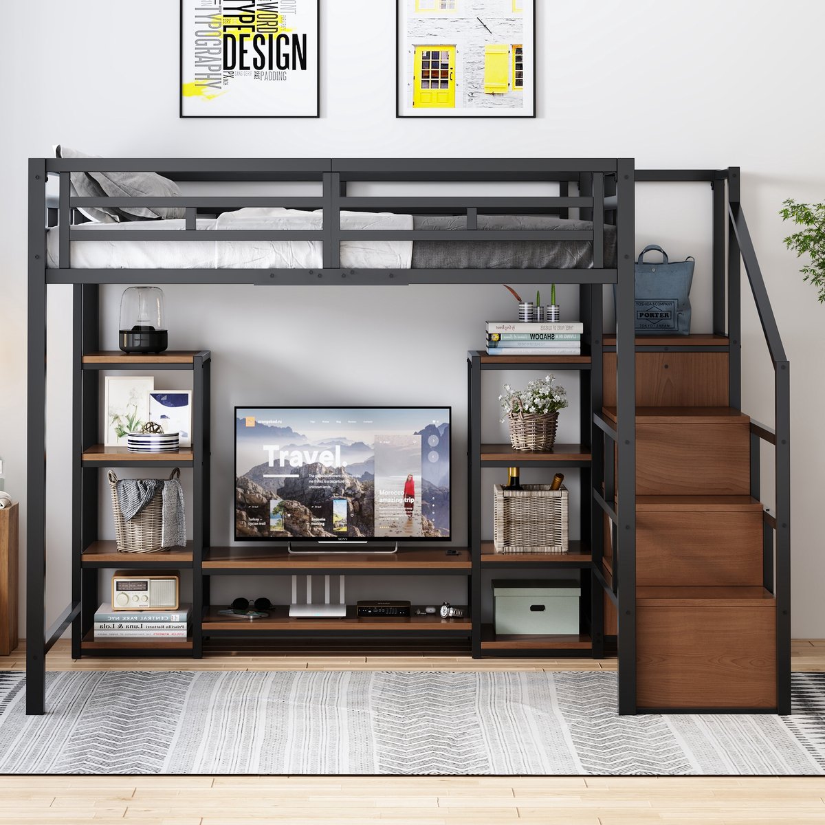 Stapelbed 140x200 cm - Met Ladder - Met Opbergruimte - Met Stopcontact - Zwart