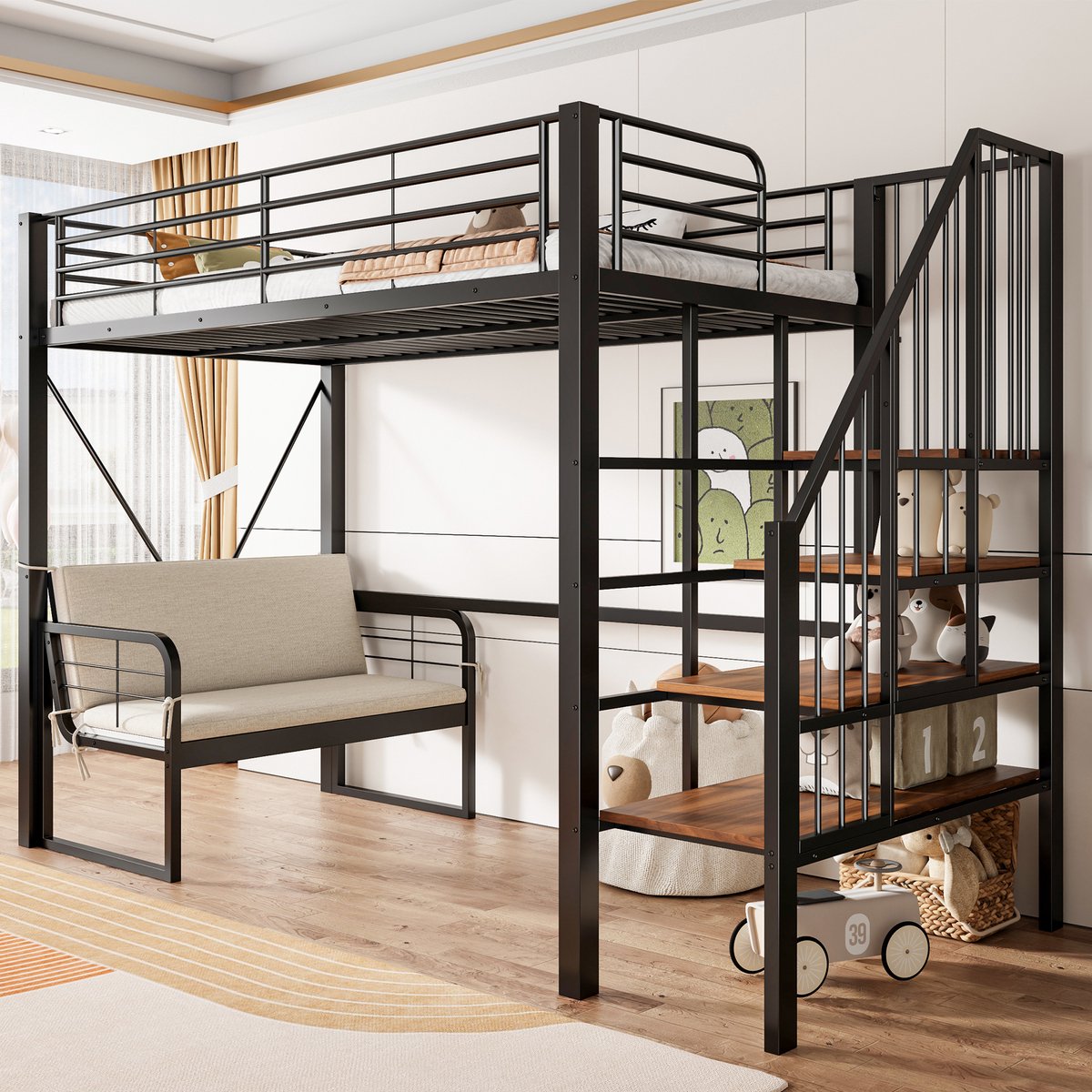 Stapelbed 90x200 cm - Met Opbergruimte - Met Ladder - Zwart