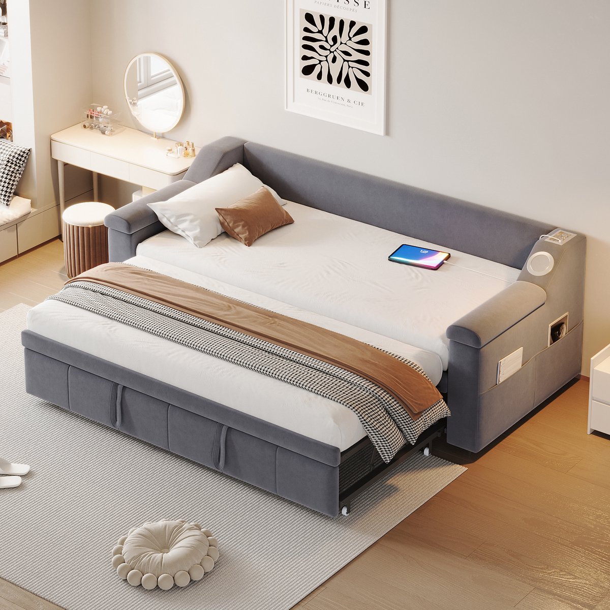 Slaapbank 180x190 cm - Met Opbergruimte - Met USB-aansluiting - Met Fluweel - Grijs