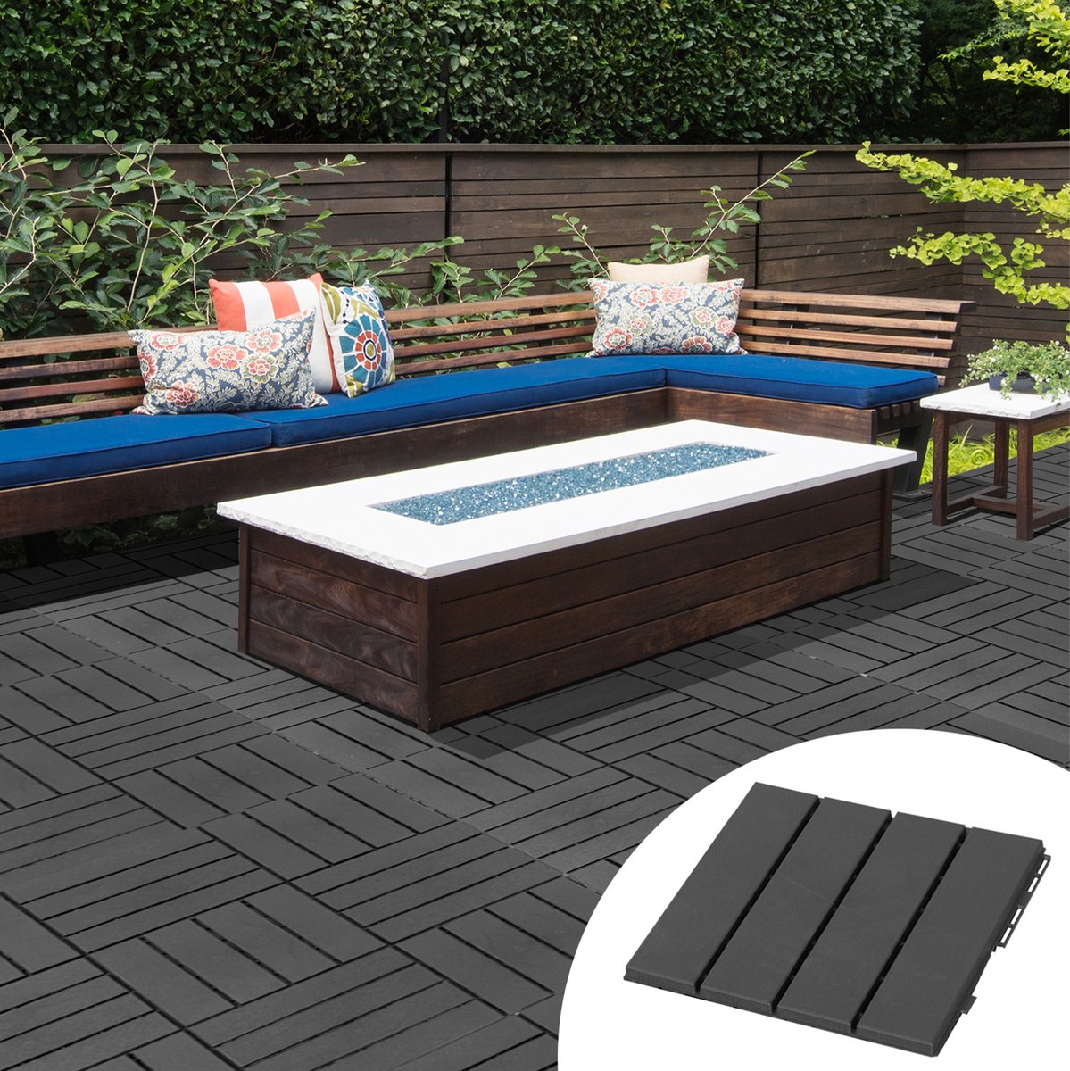 REDOM - Tuintegel - Kliksysteem - Zonder lijm of schroeven - Houtlook - Balkon, terras en tuin - Kunststof - Zwart - 30 x 30 x 2 cm