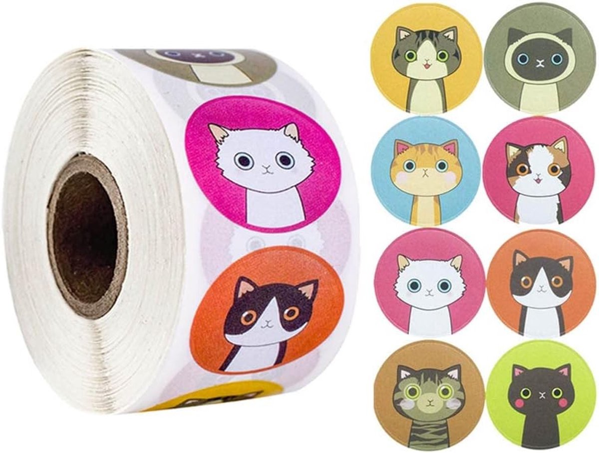 Schattige Cartoon Kat Stickers voor Motivatie, 500 Dierenbeloningen, Ronde Papieren Labels voor Verjaardagsfeestjes en Kinderen