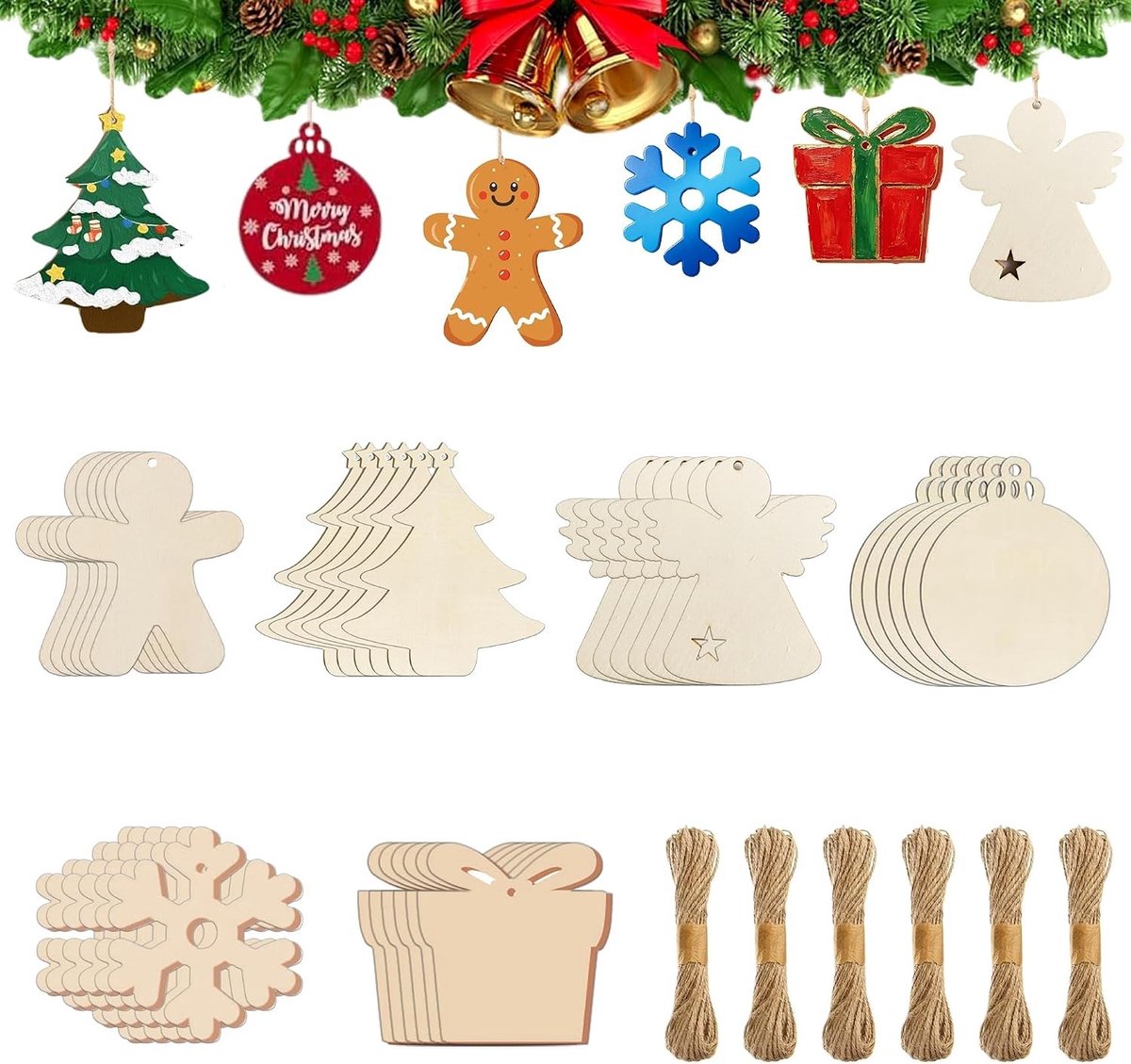 Set van 36 houten kerstversieringen voor de kerstboom, decoratieve hangers, ornamenten en DIY kerstdecoratie