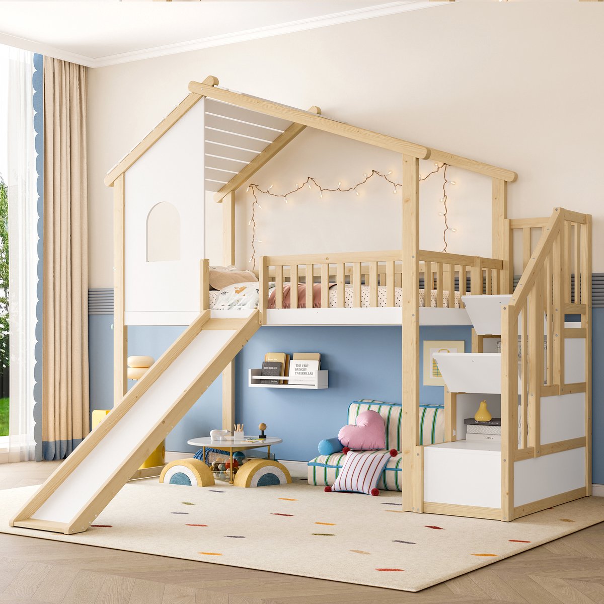 Kinderhoogslaper met glijbaan en opbergtrap - speels en veilig - 90x200 cm eenpersoons - naturel + wit - huisdesign met raam en daklijst - opbergvakken in trap - massief grenenhout