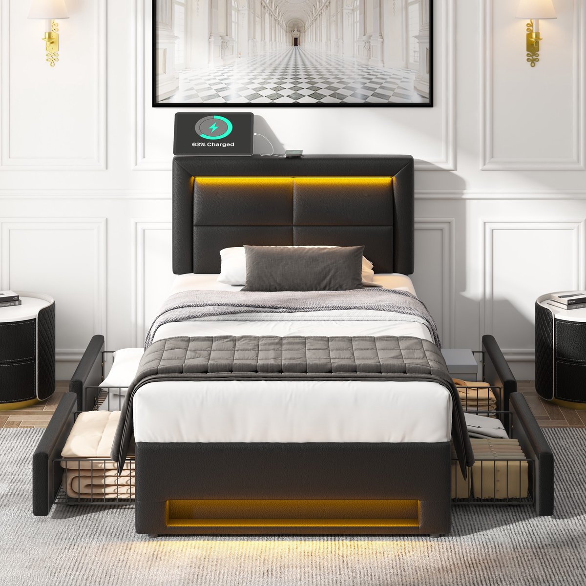 Gestoffeerd bed - Draadloos & bedraad opladen met LED - 90x200 cm - 1 persoon - Zwart PU-litschi - 4 opberglades - 12-kleuren LED-sfeerverlichting met afstandsbediening - Stabiele 5 cm lattenbodem