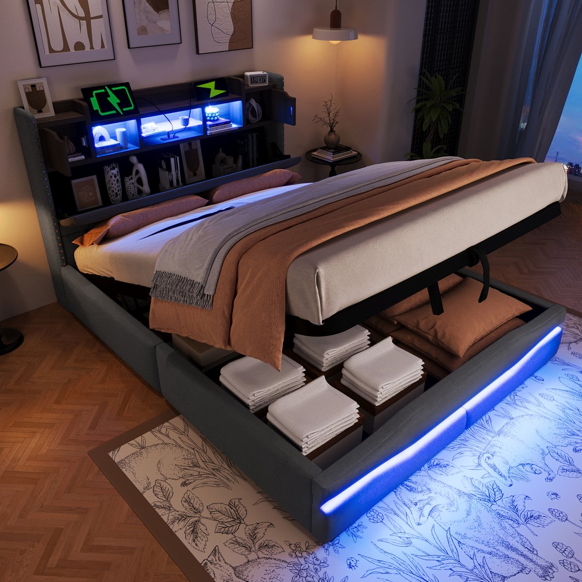 Gestoffeerd opbergbed met LED en USB-C - 140x200 cm - 2 personen - Grijs - Hydraulisch liftsysteem en opbergvak in hoofdeinde - App-gestuurde sfeerverlichting met 60.000 kleuren - Stevig frame tot 300 kg